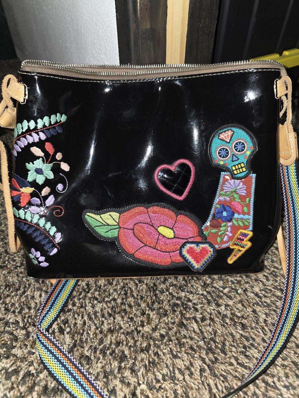 Consuela Black Floral Embroidered Crossbody Bag - Colorful Appliqué Accent